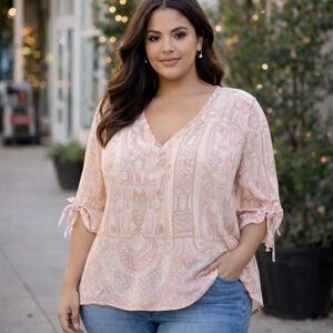 Cream 100% Viscose Boho Paisley Print Blouse | Soft Flowy V-Neck Tie Sleeve Top